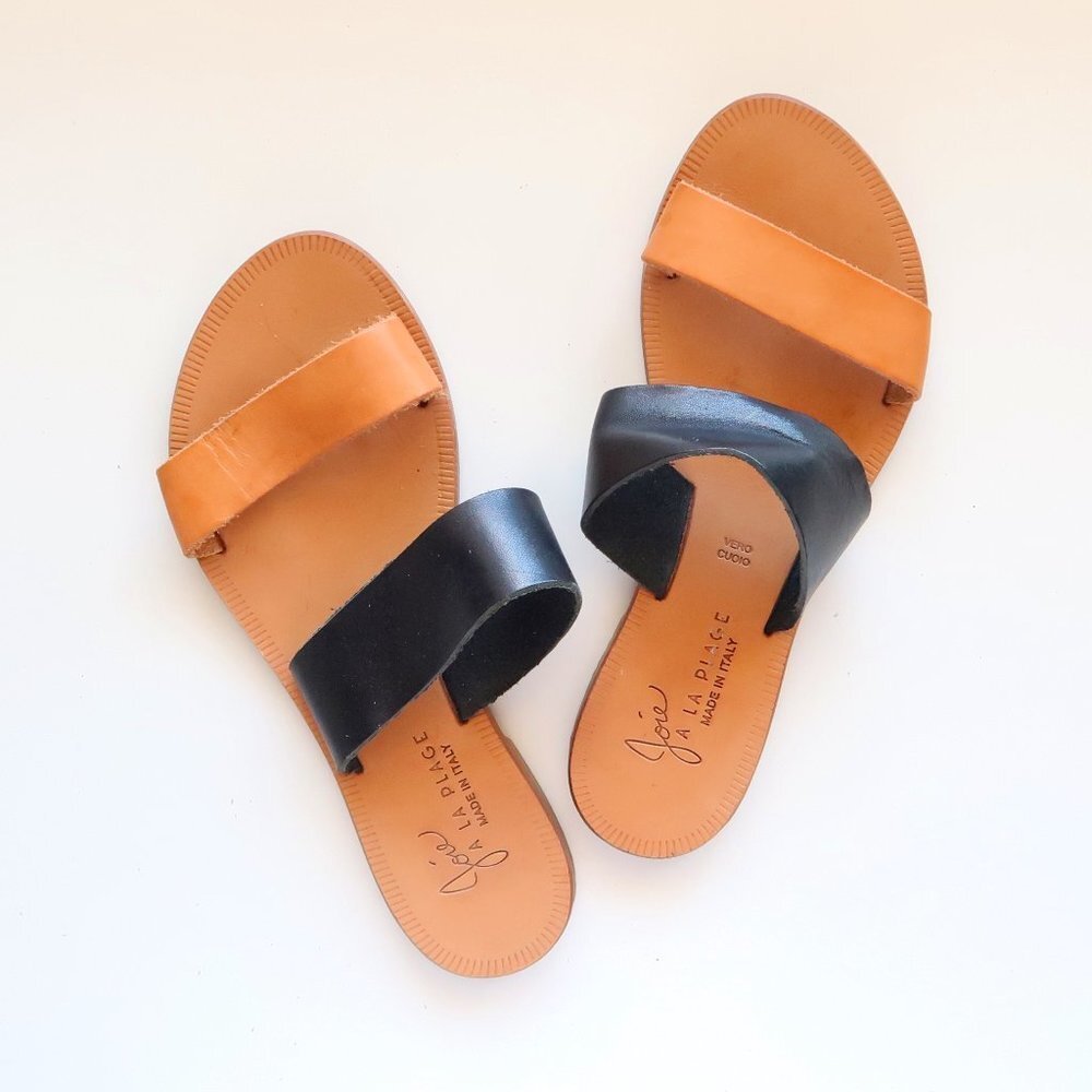 Joie Tan & Black Leather Slides / Flats / Sandals / Flip-flops Size 6